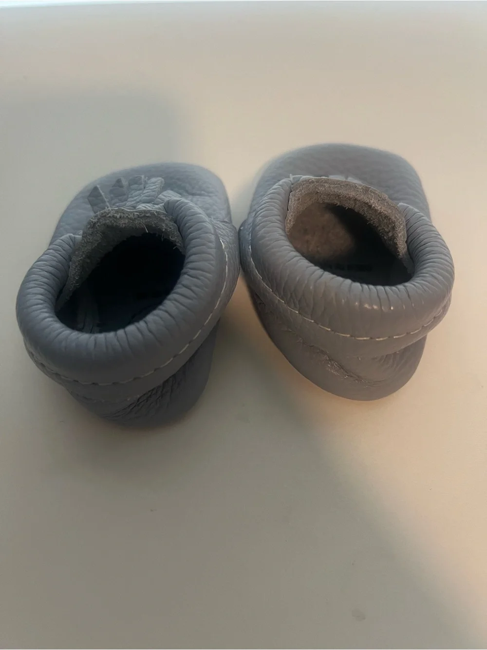 Freshly Picked Baby Gray Baby Blue Leather Fringe Moccasins